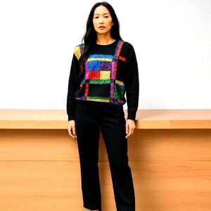 Forenza Vintage Lambswool Angora Sequined colorblook Black Sweater ARTSY M